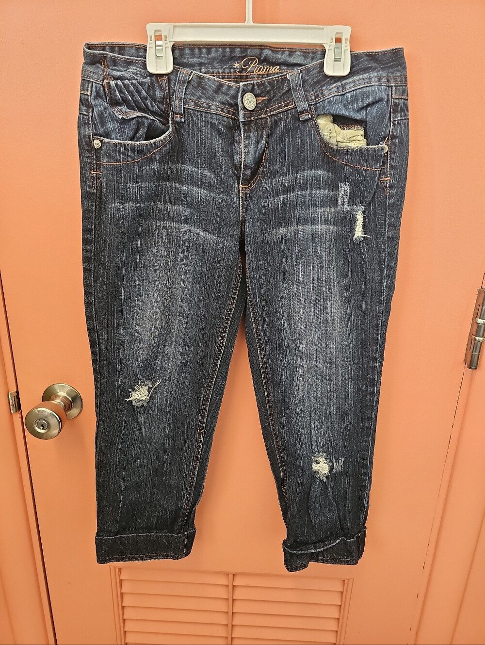 Piama Juniors Size 9 Denim Cuffed Capri Ripped Blue Jeans